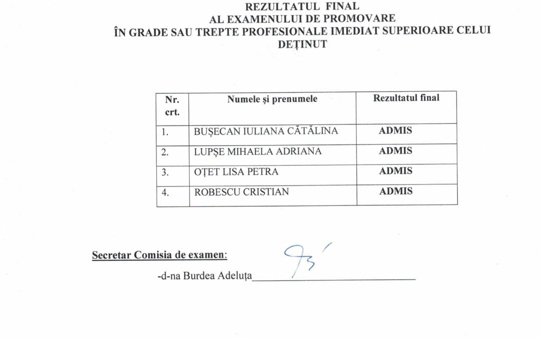 Rezultatul final al examenului de promovare în grade sau trepte profesionale
