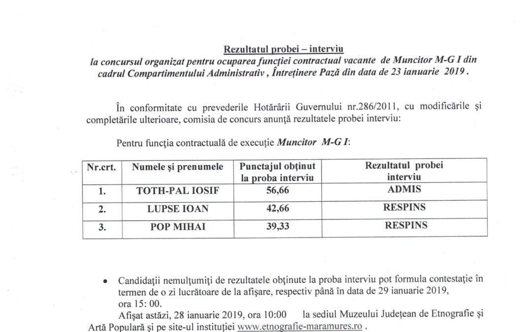 Rezultatul probei interviu la muncitor M-G I