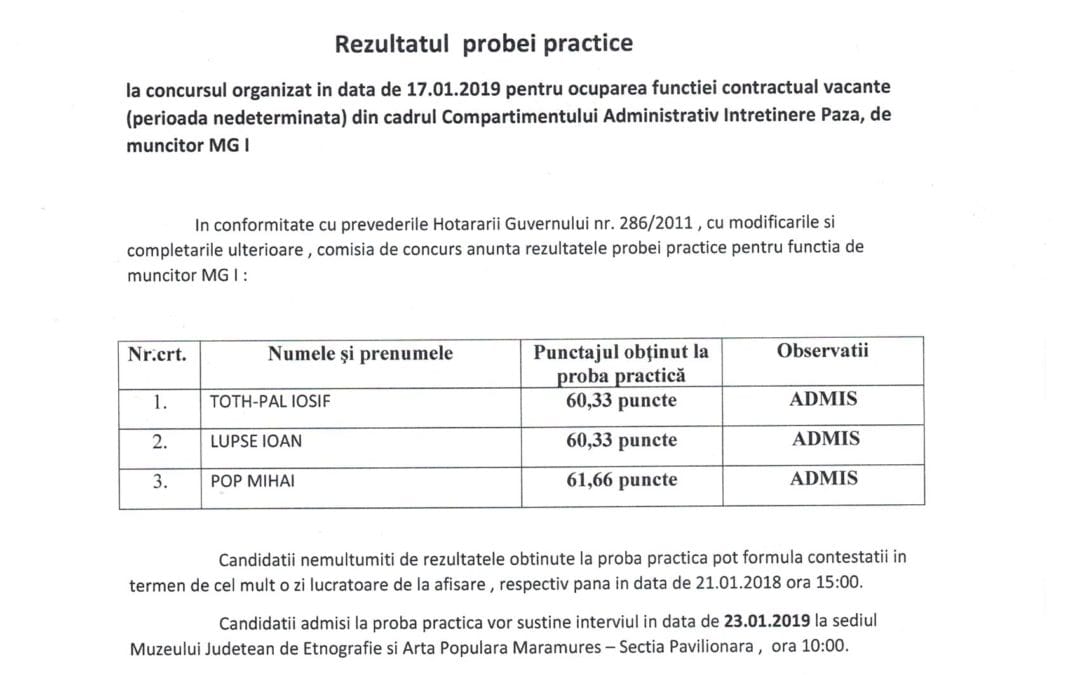 Rezultatul probei practice, muncitor MG I
