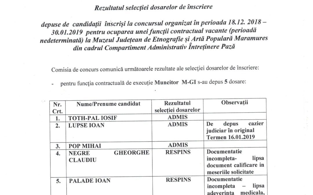 Rezultatul selecției dosarelor de înscriere