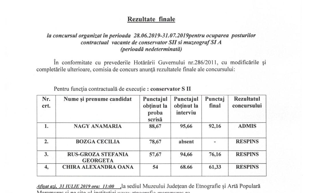 Rezultate finale pentru ocuparea postului vacant – conservator SII