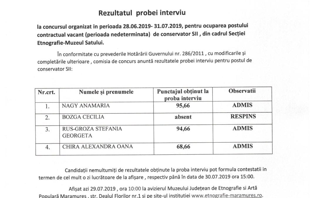 Rezultatul probei interviu pentru ocuparea postului vacant – Conservator SII