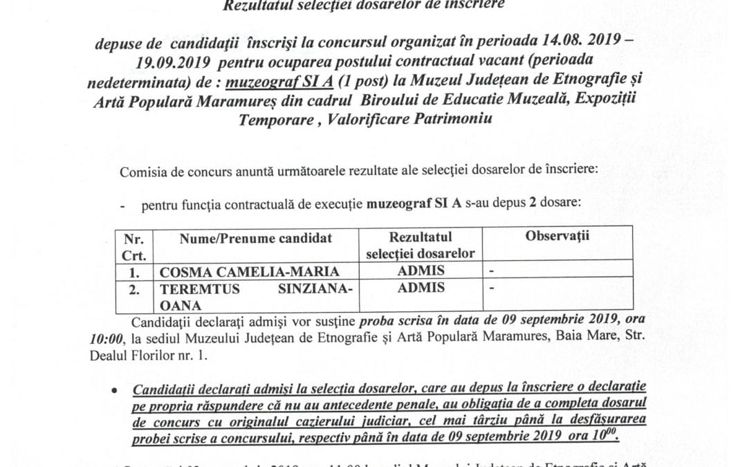 Rezultatul selecției dosarelor de înscriere