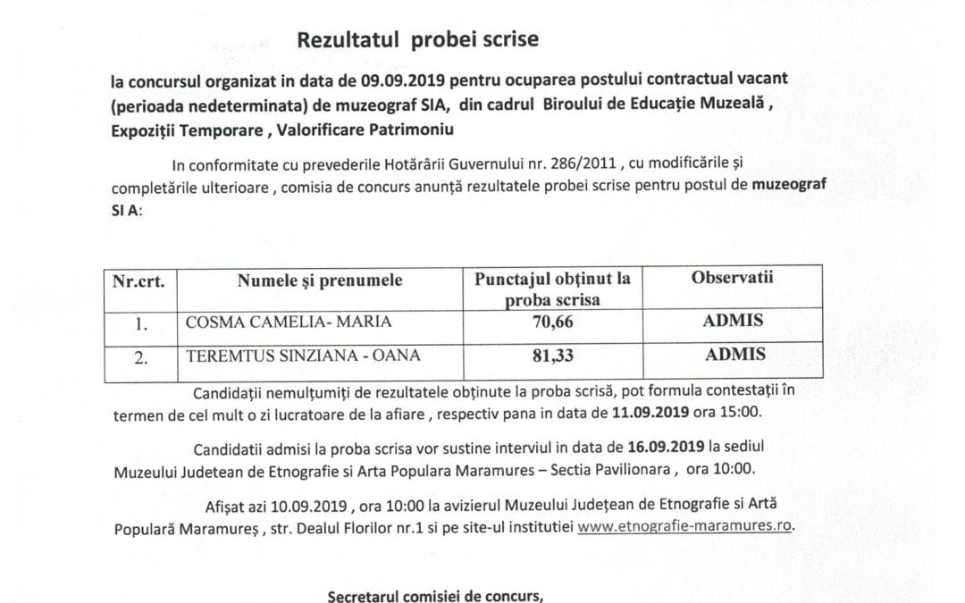 Rezultatul probei scrise – Muzeograf S IA
