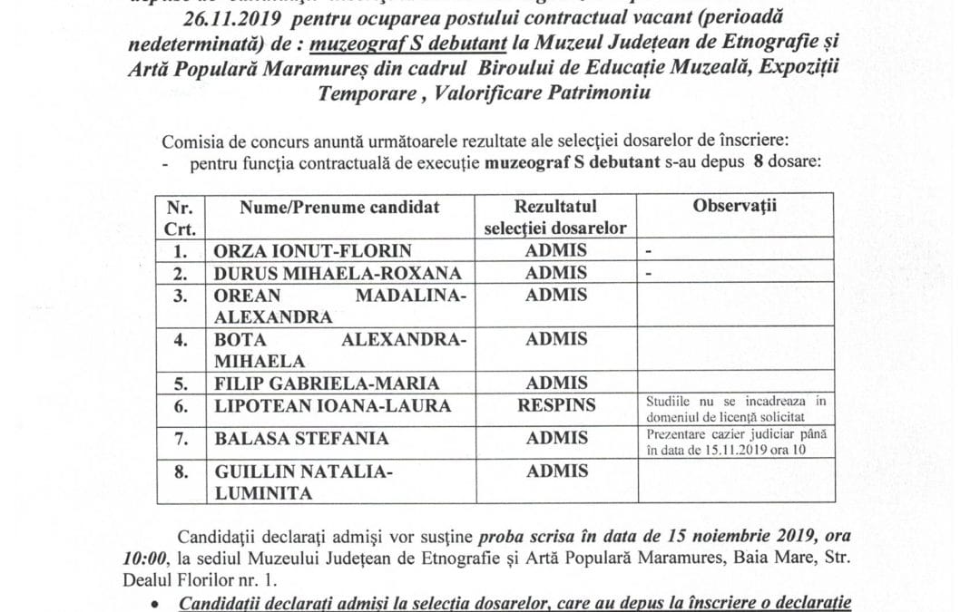 Rezultatul selecției dosarelor – Muzeograf S debutant