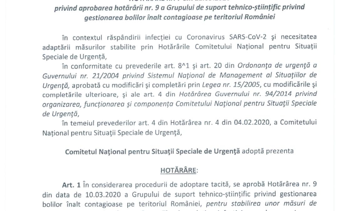 Anunț – Hotărâre CNSSU nr. 7 din 11.03.2020