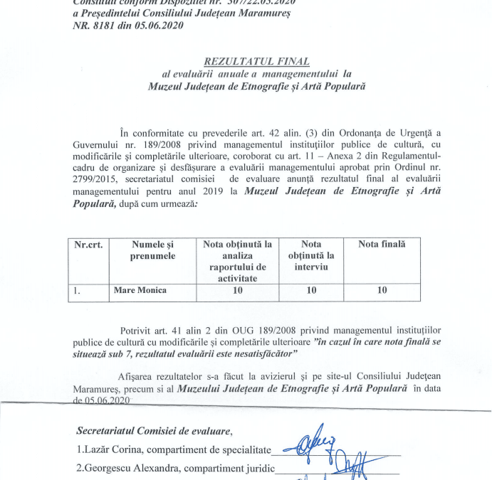 Rezultatul final al evaluării anuale a managementului la MJEAP